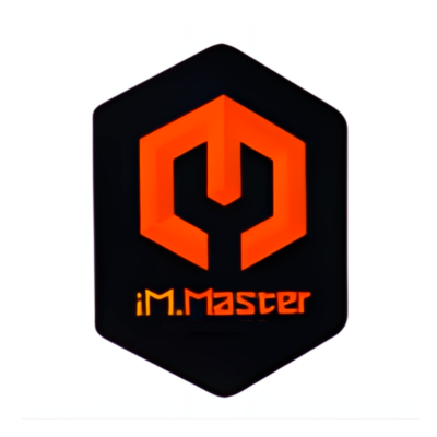 Emblema preto hexagonal com logótipo e texto laranja iM.Master