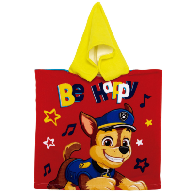 Capa de banho infantil vermelha com capuz amarelo e desenho de cão policial