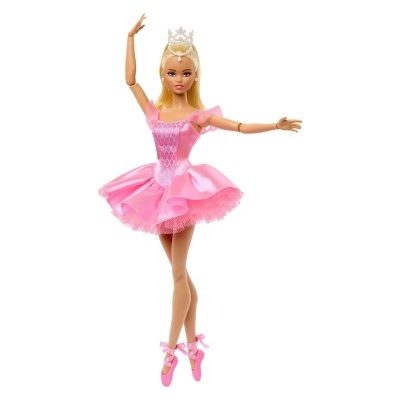 Boneca bailarina vestida de rosa com coroa branca em fundo branco