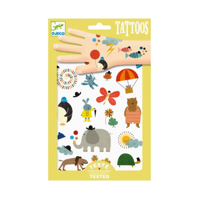 Pacote de tatuagens temporárias DJECO com imagens coloridas de animais, em fundo amarelo