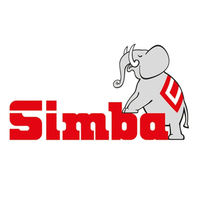 Logotipo com texto Simba em vermelho e elefante cinza com padrão vermelho.