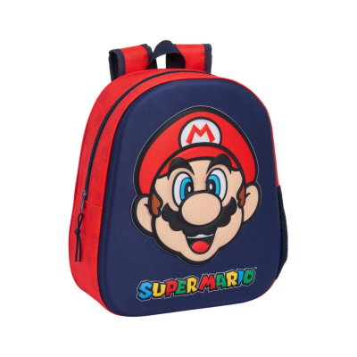 Mochila azul e vermelha com estampa do rosto do Super Mario e texto SUPER MARIO na frente