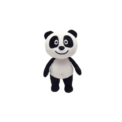 Urso panda de peluche branco e preto com olhos grandes e sorriso