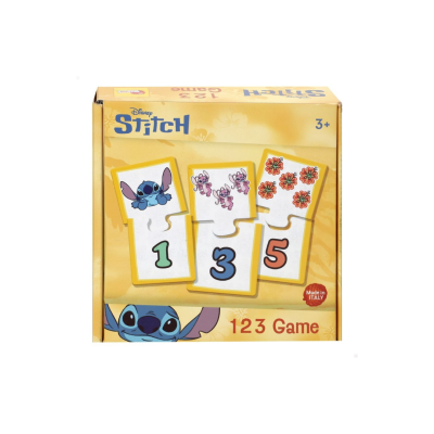 Caixa do jogo Disney Stitch 123 Game com peças de cartão com números e imagens de Stitch.