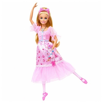 Boneca Barbie com vestido rosa e soldadinho de chumbo cor-de-rosa