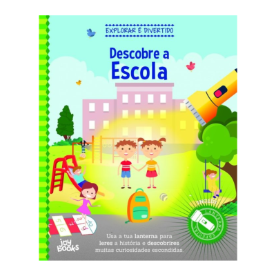 Capa de livro infantil Descobre a Escola com ilustração de crianças, escola e lanterna amarela
