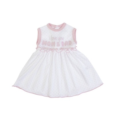 Vestido de bebé branco com detalhes cor-de-rosa e frase 'I love you MOM & DAD' no peito