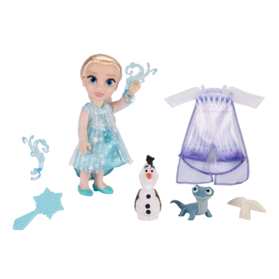 Conjunto de bonecas com roupas e acessórios em tons de azul, lilás e branco