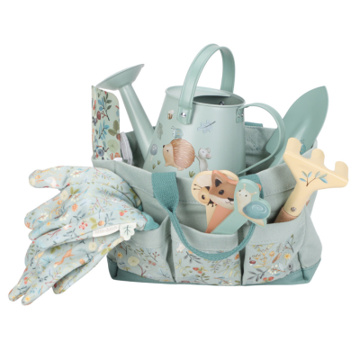 Conjunto de jardinagem infantil com regador, luvas, bolsa e ferramentas decoradas com animais e flores