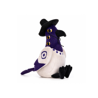 Pelúcia de pombo roxo e cinzento com chapéu preto