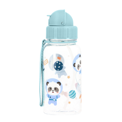 Garrafa transparente com tampa azul e desenhos de ursos astronautas