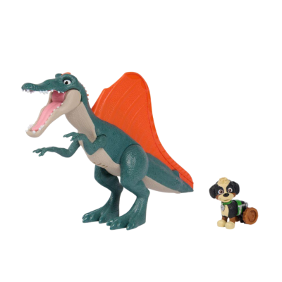 Brinquedo dinossauro verde com crista laranja ao lado de brinquedo cão preto com rodas.