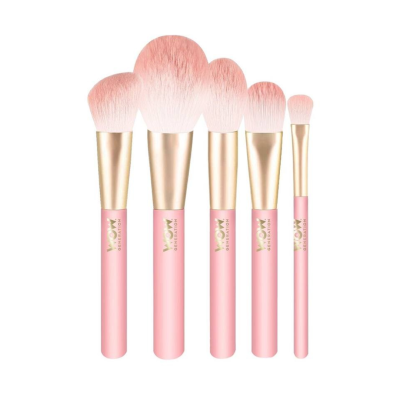 Conjunto de cinco pincéis de maquilhagem rosa e dourados com cerdas cor-de-rosa