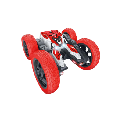 Carrinho de brinquedo com quatro rodas grandes vermelhas e luzes LED acesas