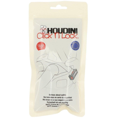 Embalagem branca com cadeado pequeno preto e vermelho para segurança, texto em três idiomas e marca HOUDINI Click 'N Lock.