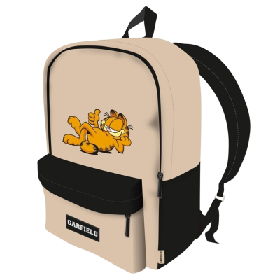 Mochila bege e preta com estampa do Garfield e etiqueta GARFIELD