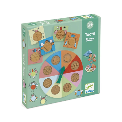 Embalagem de jogo Tactil Bzzz com peças de madeira e texturas diferentes para crianças.