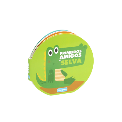 Livro infantil em forma redonda com crocodilo na capa e texto PRIMEIROS AMIGOS DA SELVA