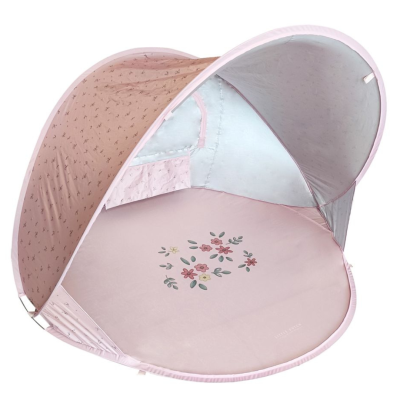 Tenda de praia rosa claro com flores e interior branco