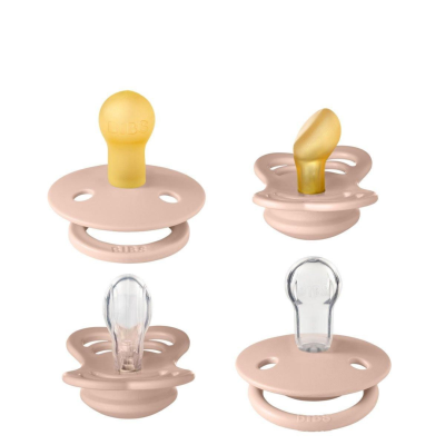 Quatro chuchas de silicone rosa claro e amarelo da marca BIBS