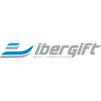 Logotipo da ibergift com texto e símbolo azul e cinzento