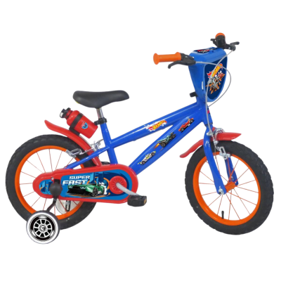 Bicicleta infantil azul e laranja com rodinhas de apoio preta e adesivos Hot Wheels