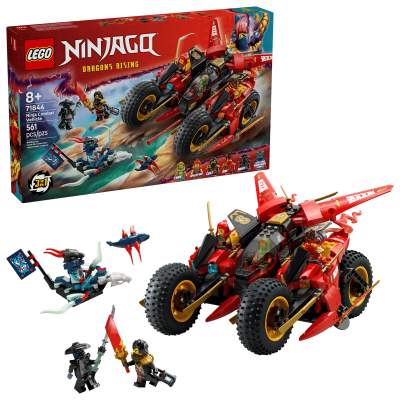 Conjunto LEGO Ninjago Dragons Rising com veículo vermelho e minifiguras ninja