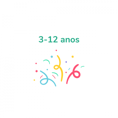 Texto '3-12 anos' com elementos decorativos coloridos e fundo branco
