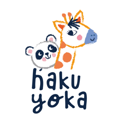 Logótipo de panda e girafa coloridos com o texto haku yoka