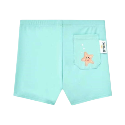 Calções de banho azuis claros com bolso traseiro e estrela-do-mar