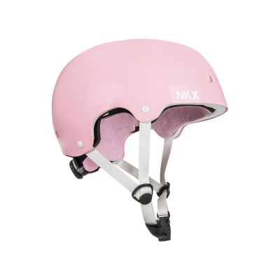 Capacete cor-de-rosa NKX com interior almofadado rosa e tiras brancas ajustáveis