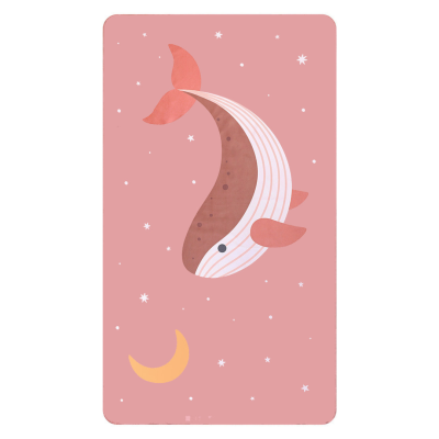 Cartaz rosado com baleia cor-de-rosa e castanha, estrelas brancas e lua amarela.