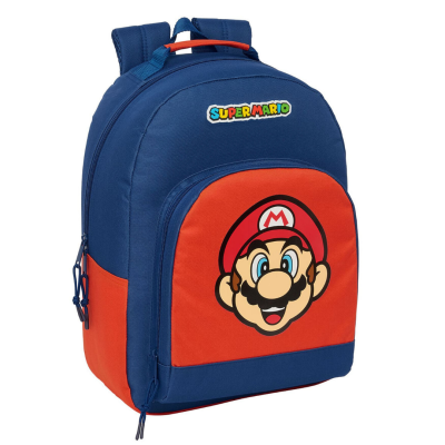 Mochila azul e vermelha com estampa de Mario e texto SUPER MARIO