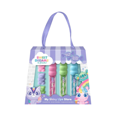 Conjunto de três sticks de brilho labial Sweet Dreams com embalagem colorida e personagens animados