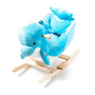 Cavalo de baloiço infantil azul em veludo com base em madeira