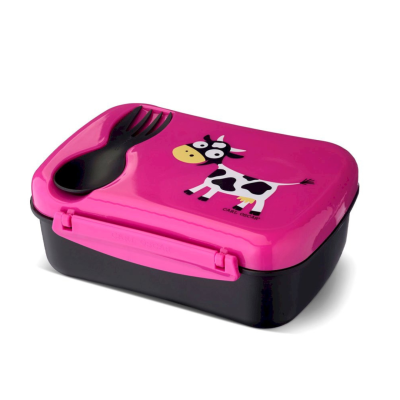Marmita rosa e preta com desenho de vaca e garfo-colher preto