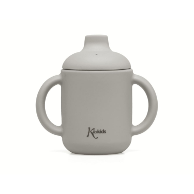 Copo cinza para crianças com tampa e dois punhos laterais