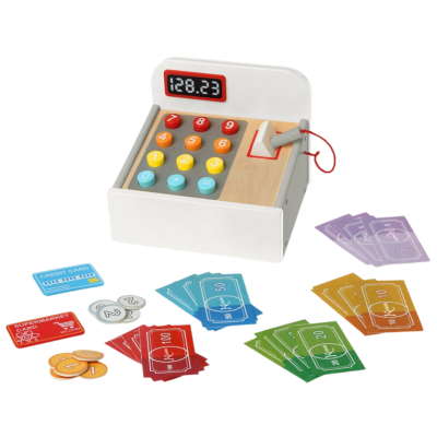 Calculadora de brinquedo em madeira com botões coloridos e acessórios de dinheiro de jogo