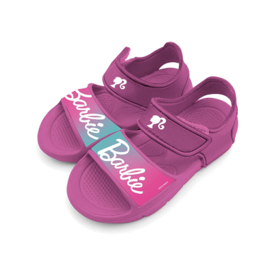 Sandálias cor-de-rosa Barbie com tiras ajustáveis e logótipos coloridos