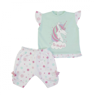 Conjunto de roupa de bebé com t-shirt verde água e calças brancas com pontos coloridos