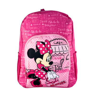Mochila rosa com estampa da Minnie e palavras em francês