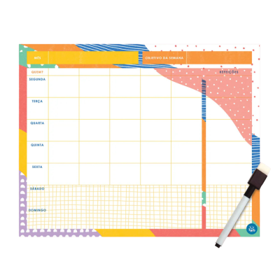 Plano semanal para organização com marcador em fundo branco e linhas amarelas