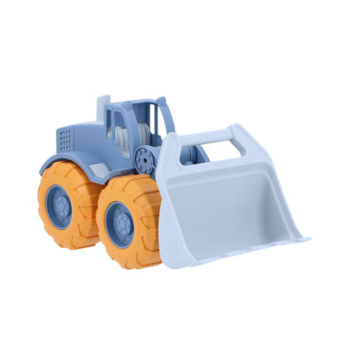 Carrinho brinquedo escavadora azul com rodas laranja e balde cinzento.