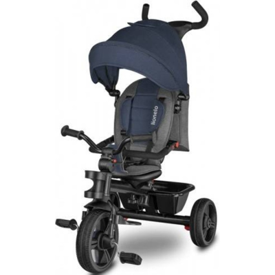 Triciclo infantil com assento azul e estrutura preta