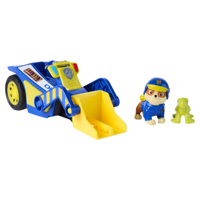 Brinquedo veículo construção azul e amarelo com figuras cão e rã