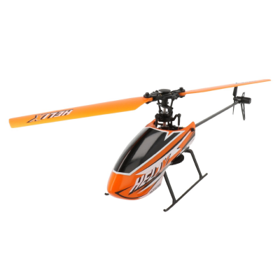 Helicóptero rádio controlado laranja e preto com texto HELIX