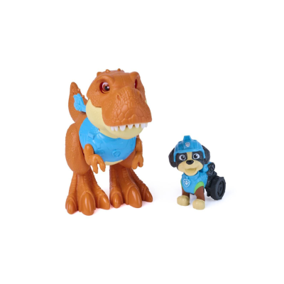 Figuras de brinquedo dinossauro castanho e cão azul com rodas