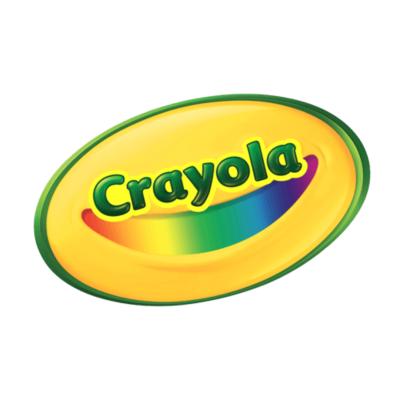 Logotipo amarelo oval da Crayola com texto verde e arco-íris