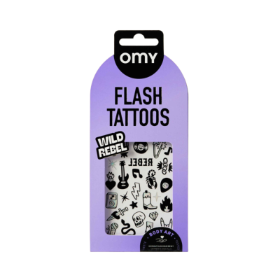Pacote roxo de tatuagens temporárias Flash Tattoos Wild Rebel da OMY com desenhos em preto e branco