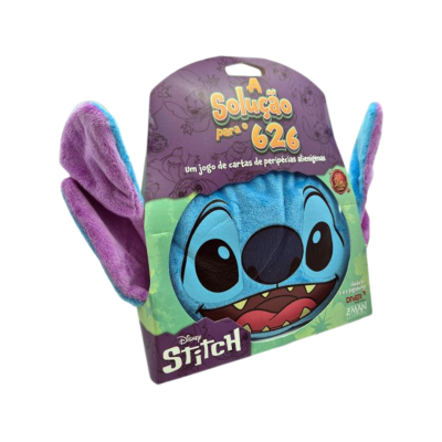 Jogo de cartas Disney Stitch com rosto azul e orelhas de pelúcia roxa na embalagem